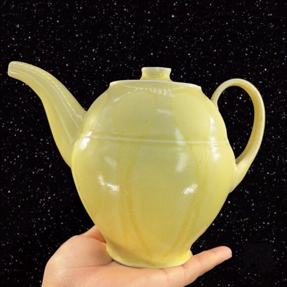 Vintage Light Yellow Stoneware Ceramic Teapot Yellow Glazed Paneled W Lid 9”W - Picture 2 of 16
